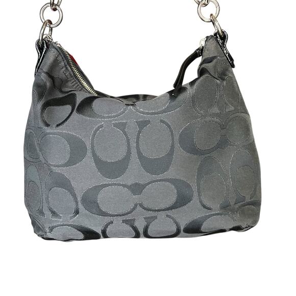 COACH Poppy Signature lurex Pocket Hobo Bag Black Gray Patent Leather 2 way - Picture 6 of 15